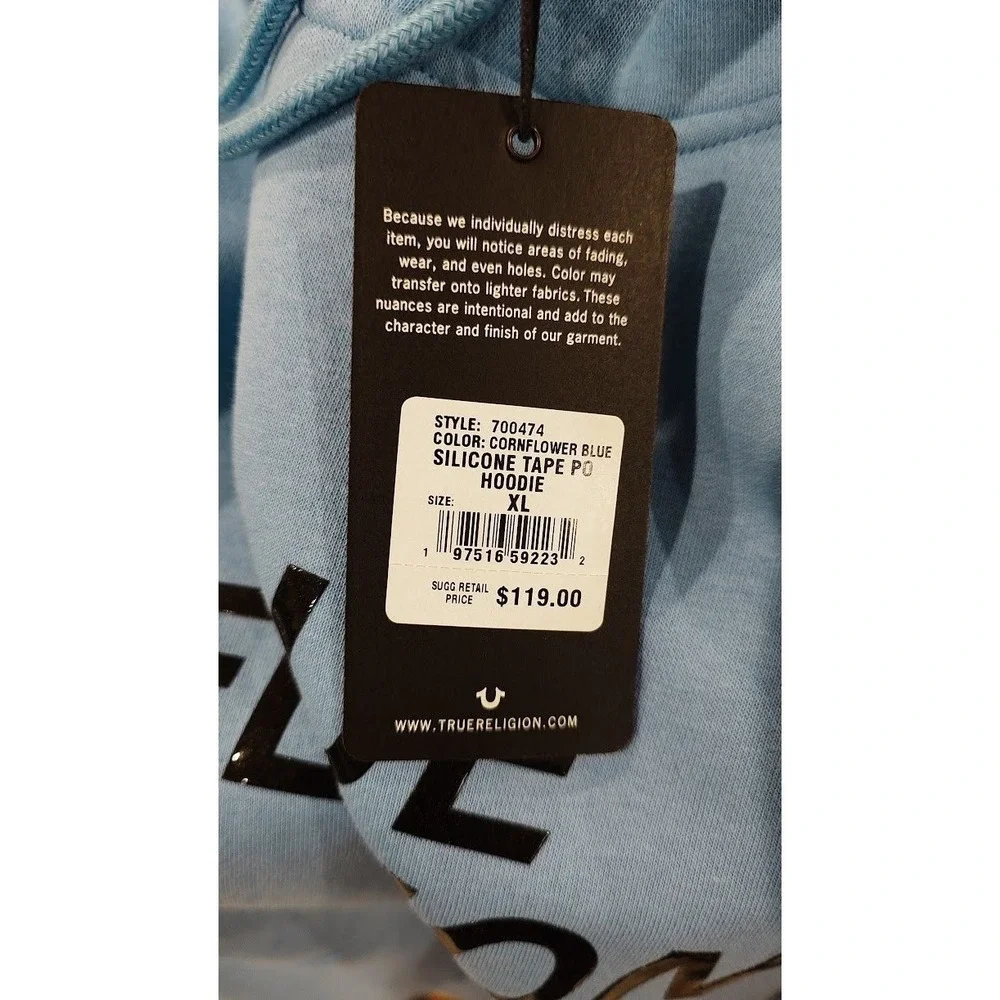 True Religion Silicone Tape Hoodie Tape PO Cornflower Blue XL New w/‎ Tags